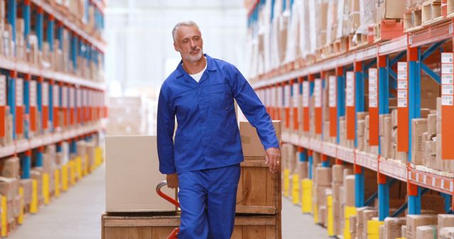 Senior warehouse worker in blue uniform transporting goods on a palette truck down the aisle. Can be used for logistics, supply chain management, warehousing, shipping, or industrial workflow concepts.