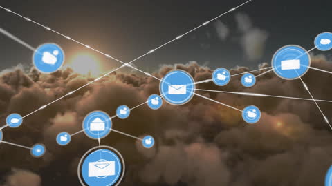 Digital Network Icons Against Sunset Skies