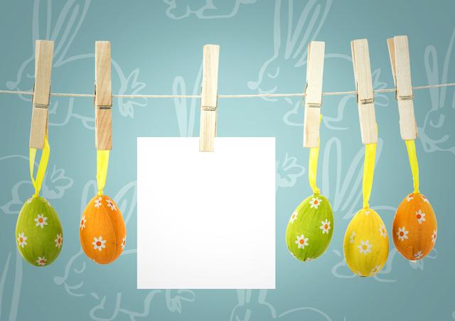 Digital composite of Note on washing line with eggs against blue easter pattern