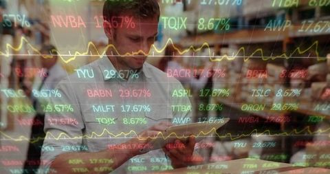 Retail professional using tablet with overlaid financial data and real-time analytics
