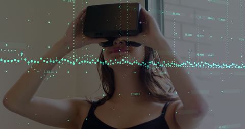 Woman Experiencing Virtual Reality Technology with Financial Data Overlay