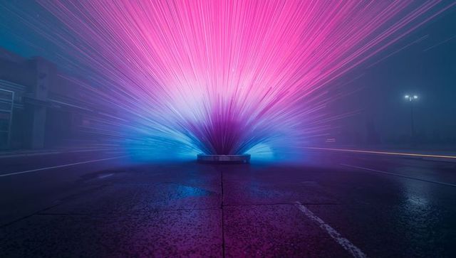 Futuristic neon light installation on misty urban street at night