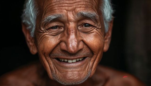 Smiling senior man showing decades of character in intimate closeup portrait