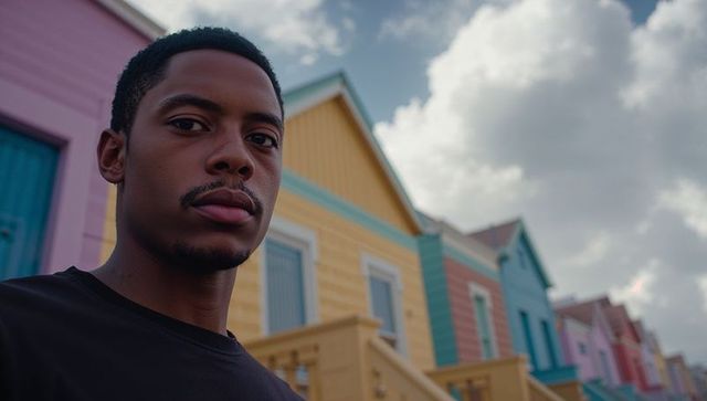 Young man standing in front of colorful pastel row houses, urban portrait with copy space