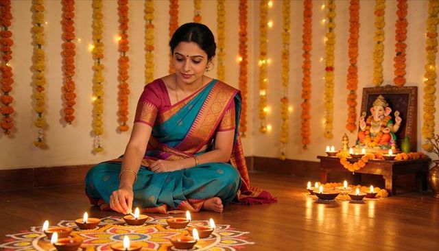 Indian woman lighting diyas on colorful rangoli, placing lamps by ganesha altar for diwali