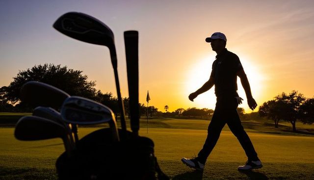 Golfer walking across putting green at sunset silhouette with clubs in foreground