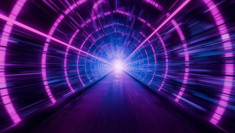Neon futuristic tunnel receding to bright vanishing point with concentric magenta rings
