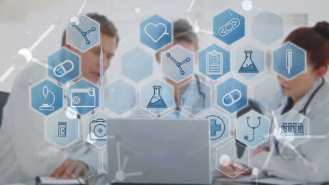 Doctors Discussing Research Data with Medical Icons Overlay