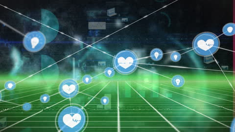 Digital Network of Heartbeat Icons with Statistical Overlay