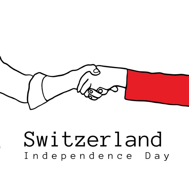 Illustration of cropped image of people giving handshake and switzerland independence day text. white background, copy space, togetherness, red, white, patriotism, celebration, freedom and identity.
