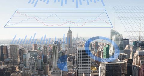 Urban Skyline with Financial Graph Overlays Illustrating Global Business Trends