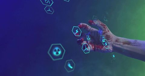 Bloodied hand reaching holographic hex interface neon cyberpunk sci fi laboratory concept