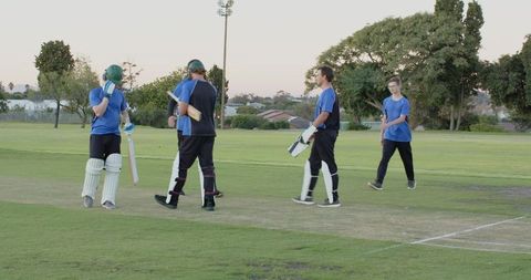 Cricket teammates shaking hands on grassy pitch at dusk with bats showing teamwork