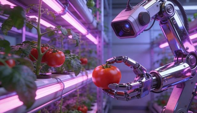Robotic arm harvesting ripe tomato in hydroponic farm under pink led growlights