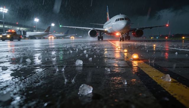 Taxiing narrow-body airliner through stormy night, hail hitting wet taxiway, lights reflecting