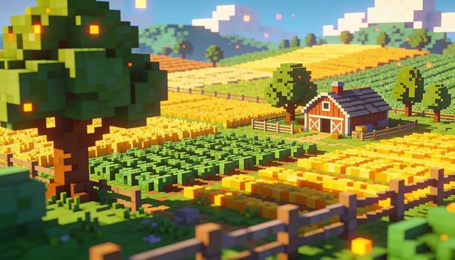 Voxel farm landscape featuring red barn, golden crop rows, glowing trees, pixel countryside
