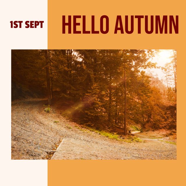 Hello Autumn Text Over A Scenic Autumn Forest Path - Download Free Stock Templates Pikwizard.com