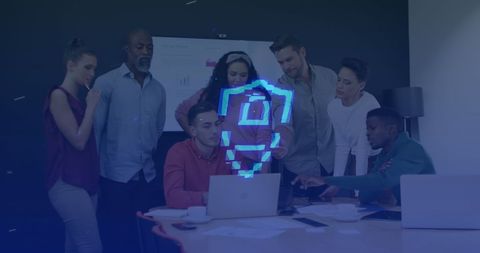 Diverse Team Discussing Cybersecurity in Modern Office with Holographic Padlock