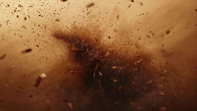 Dynamic explosion with brown dust and debris in motion
