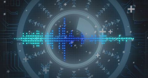 Neon Digital Waveform HUD with Futuristic Circuitry, Circular Interface and Data Grid