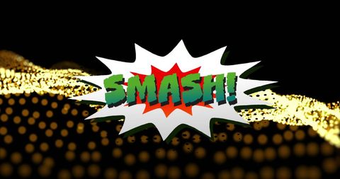 Dynamic smash text overlay on digital gold dots