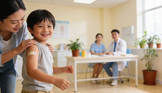 Smiling boy receiving vaccination while mother comforts, medical staff observing in pediatric clinic