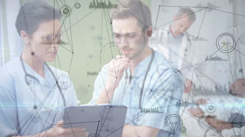 Doctors Analyzing Patient Data with Digital Network Overlay