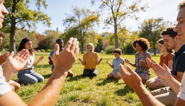 Sunlit community meditating circle in park with foreground hands and mustard-blouse woman