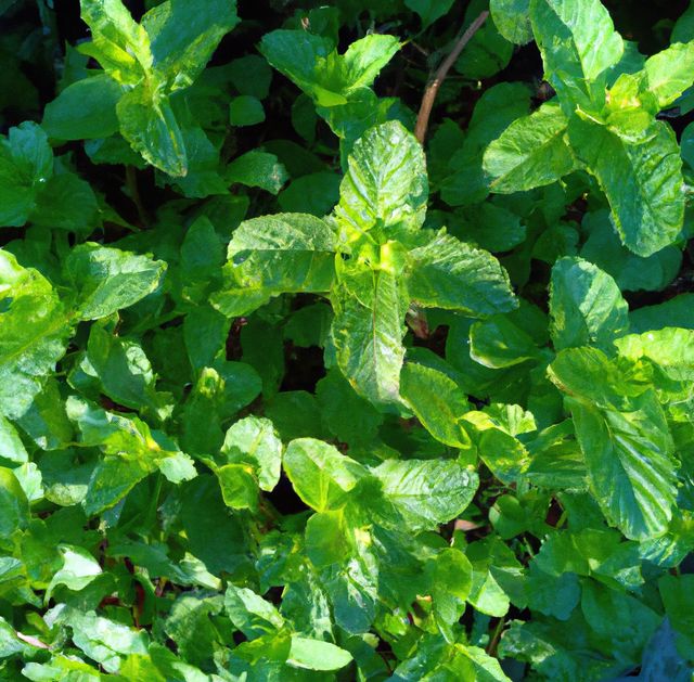 Image of close up of fresh green leaves mint plant on dark background. Plants, herbs and nature concept.