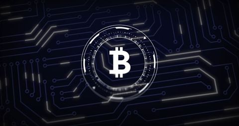 Bitcoin cryptocurrency symbol with digital circuit background