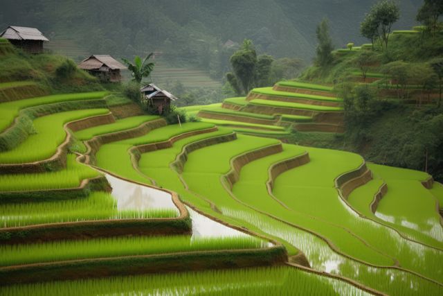 General view of rice field with houses, created using generative ai technology. Rice field, farming and landscape concept digitally generated image.