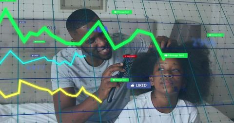 Father Braiding Daughter's Hair While Data Visualization Overlays