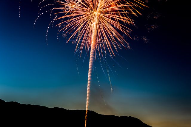 Impressive fireworks show lighting up night sky over quiet village. Perfect for illustrating celebratory events, festive occasions, or outdoor festivals. Great for marketing materials, event invitations, or holiday-themed designs.