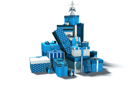Transparent Stack of Blue Christmas Gifts with Silver Star
