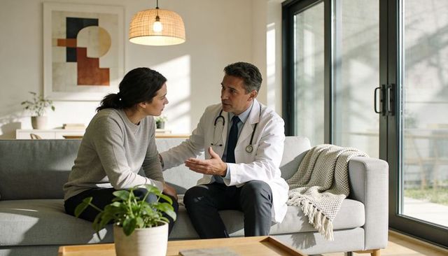 Doctor conducting compassionate home medical consultation on sofa with concerned young patient