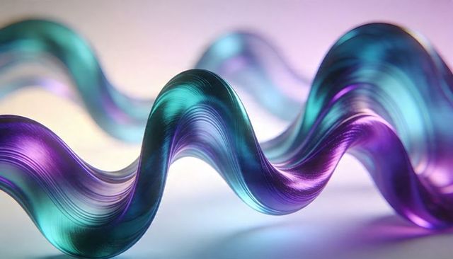 Gliding iridescent teal and violet glass ribbon undulating with translucent sheen