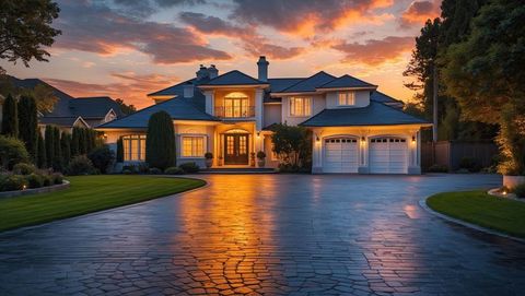 Luxurious two-story home illumined at sunset