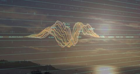 Abstract waveform technology overlay on serene sunset landscape