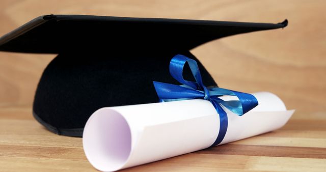 A black graduation cap alongside a diploma tied with a blue ribbon, with copy space. These symbols represent academic achievement and the completion of a significant educational milestone.