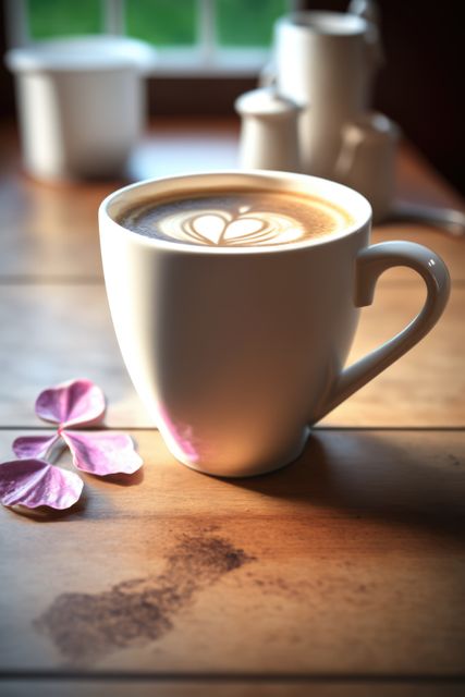 White cup with latte coffee and petals on wooden table, created using generative ai technology. Coffee and drink concept digitally generated image.