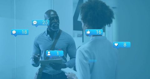 Colleagues Analyzing Social Media Metrics in Corporate Environment