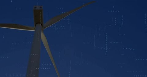 Wind Turbine with Binary Code Overlay Against Twilight Sky