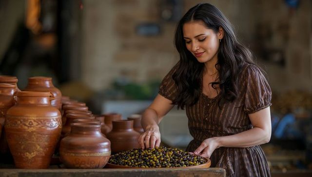 Young woman selecting green and black olives at rustic market with terracotta pots display