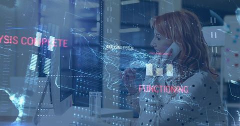 businesswoman communicating with futuristic data interface - Download Free Stock Images Pikwizard.com