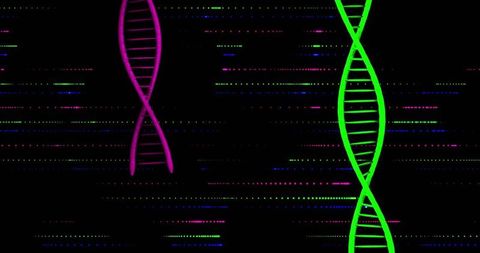 Neon DNA Helix Visualization with Glitch Data Lines, Cyberpunk Genetic Technology