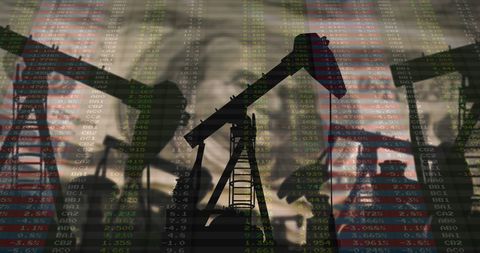 Oil Industry Finance with Pump Jacks and Data Overlay