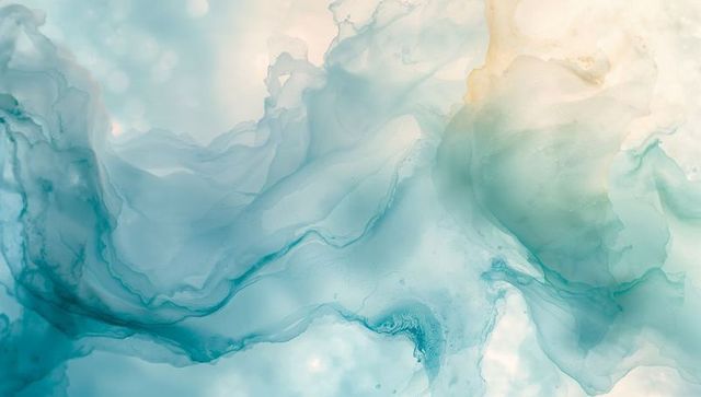 Teal and beige fluid art flowing ink cloud with marbled ribbons and translucent layers