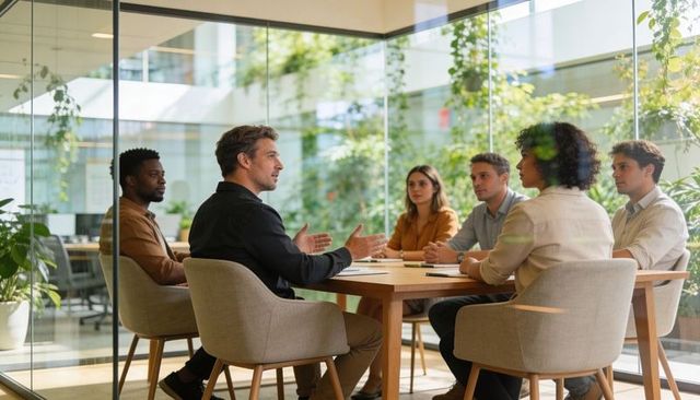 Business leader presenting to diverse team in glass meeting room with greenery and daylight