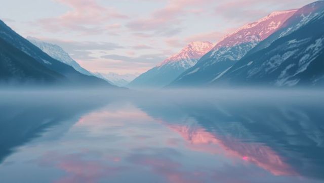 Serene alpine lake at sunrise with misty mountain reflections