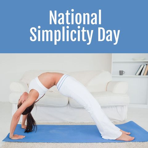 woman practicing yoga bridge pose on blue mat for simplicity day - Download Free Stock Templates Pikwizard.com